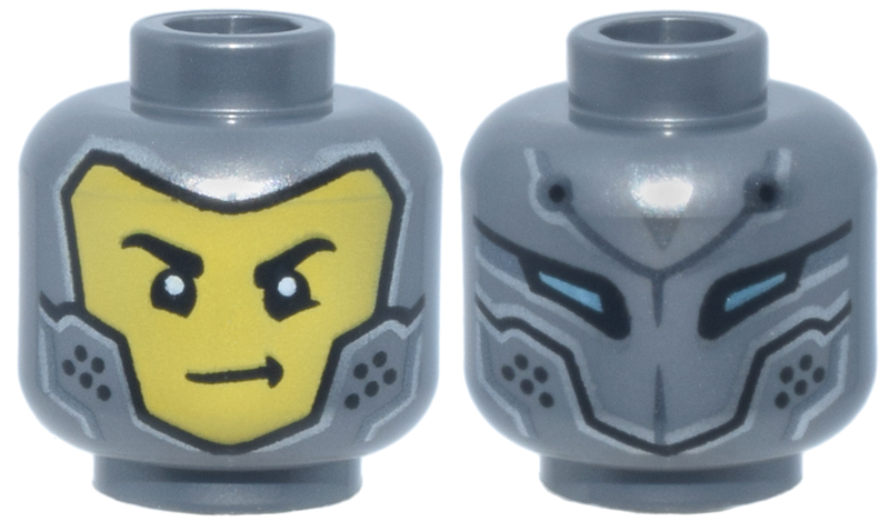 Minifigure, Head Dual Sided with Silver, Dark Silver and Black Mask with Vent Dots and Yellow Face, Black Eyebrows and Smirk / Metallic Light Blue Eye Slits Pattern