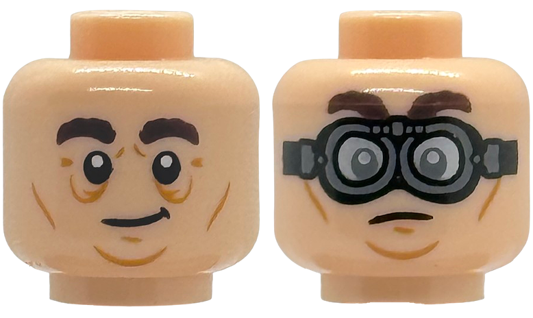 Minifigure, Head Dual Sided Dark Brown Bushy Eyebrows, Medium Nougat Cheek Lines, Wrinkles and Chin Dimple, Lopsided Grin / Frown with Dark Bluish Gray Goggles Pattern