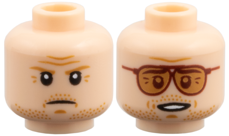 Minifigure, Head Dual Sided Medium Nougat Eyebrows, Beard Stubble, Crow's Feet and Forehead Creases, Frown / Dark Red Glasses with Medium Nougat Lenses, Open Mouth Smile with Teeth Pattern