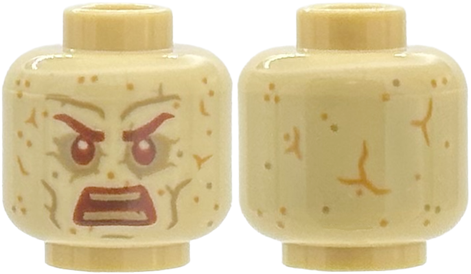 Minifigure, Head Alien Sandy Texture, Reddish Brown Eyebrows and Eyes, Dark Tan and Medium Nougat Speckles, Cracks, Veins, and Cheek Lines, Angry Open Mouth with Teeth Pattern