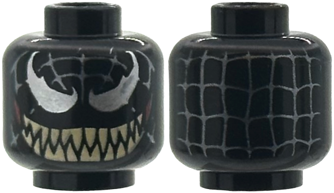 Minifigure, Head Alien Large Silver Eyes, Dark Silver Webbing, Dark Red Corners of the Mouth, Wide Smile with Tan Sharp Teeth Pattern