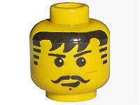Minifigure, Head Black Thin Eyebrows, Curled Moustache, Hair with Bangs, Striped Sideburns and Chin Dimple, Small Lopsided Open Mouth Smile Pattern