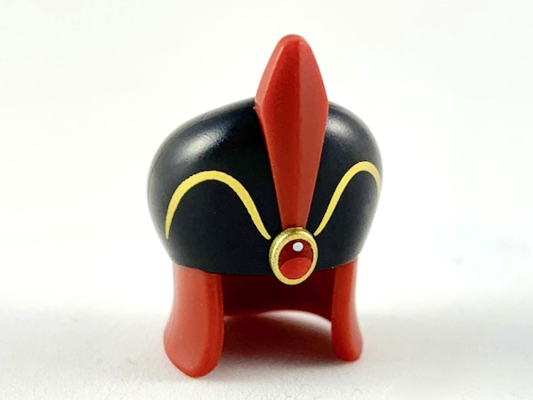 Minifigure, Headgear Large Hat, Black Dome, Dark Red Feather, Red Jewel, Gold Trim Pattern
