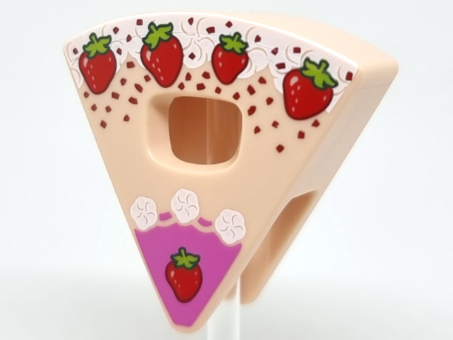 Minifigure, Headgear Head Cover, Costume Wedge Slice with Cake with Strawberries, White Cream, and Dark Pink Frosting Pattern (BAM)