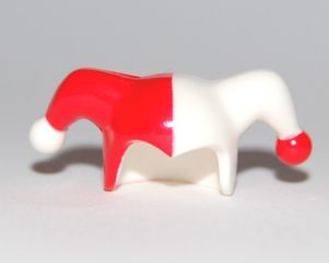 Minifigure, Headgear Jester's Cap with Red Right Side and Red and White Pom Poms Pattern