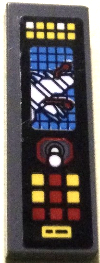 Tile 1 x 3 with Control Panel with Joystick, Red and Yellow Buttons and White Batwing on Black Grid Pattern Model Left Side (Sticker) - Set 70916