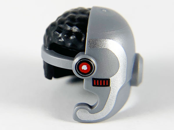 Minifigure, Headgear Helmet Cyborg Side Open with Black Hair, Red Square Eye, Dot and Silver Trim Pattern