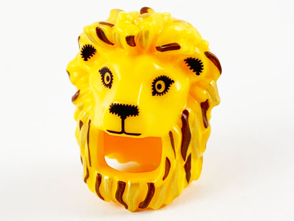 Minifigure, Headgear Head Cover, Costume Lion with Reddish Brown and Gold Mane Highlights and Black Facial Features Pattern