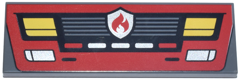 Tile 2 x 6 with Red Fire Engine Front End with Grille, Silver Reflectors and Fire Badge, Yellow Headlights Pattern