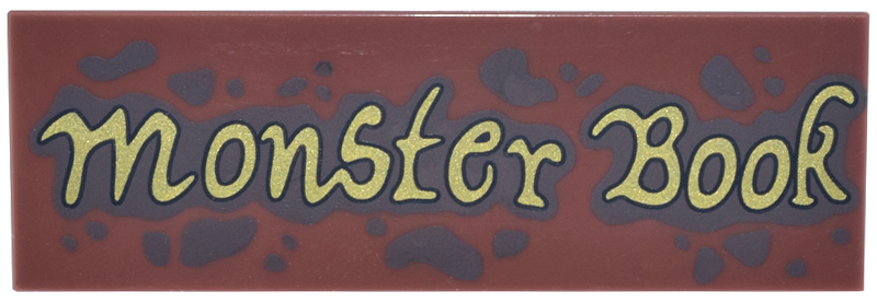 Tile 2 x 6 with Dark Brown Spots and Splatters and Gold Script 'Monster Book' Pattern