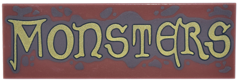 Tile 2 x 6 with Dark Brown Spots and Splatters and Gold 'MONSTERS' Pattern
