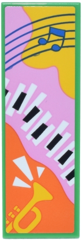 Tile 2 x 6 with Blue Music Notes and Lines, Black and White Piano Keys, Trumpet on Yellow, Bright Pink and Orange Background Pattern (Sticker) - Set 42653