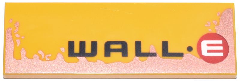 Tile 2 x 6 with Black 'WALL' and Dot, White Letter E in Red Circle (Wall-E Logo) and Worn Copper Edge and Splotches Pattern