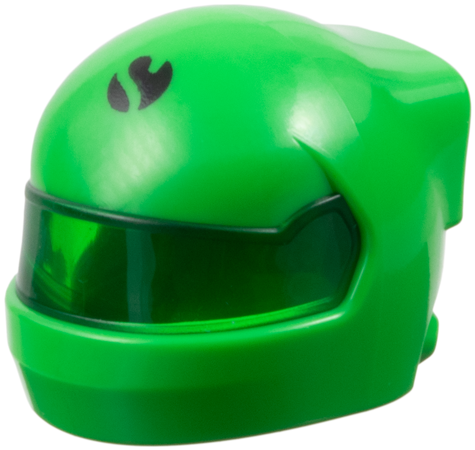 Minifigure, Headgear Helmet Formula 1 with Molded Trans-Green Visor and Printed Sauber Logo Partial Capital Letter S on Black Circle Pattern