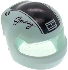 Minifigure, Headgear Helmet Formula 1 with Molded Trans-Clear Visor and Printed Black Stripe, 'Sonny' Signature, Dots and 7 of Spades Pattern