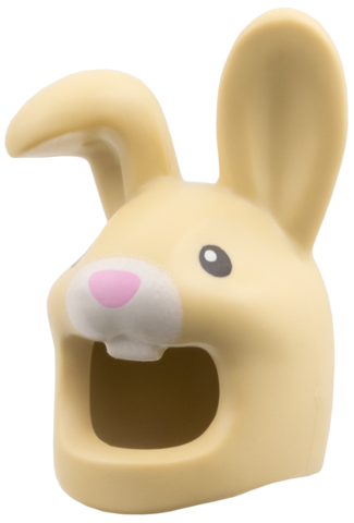 Minifigure, Headgear Head Cover, Costume Rabbit with Bent Ear Right, Black Eyes, Bright Pink Nose, White Muzzle and Teeth Pattern
