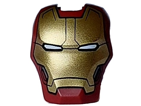 Minifigure, Visor Top Hinge Large with Gold Face Shield, White Eyes, Dark Silver Trim on Cheeks, Black Vertical Forehead Lines Pattern (Iron Man Mark 43)