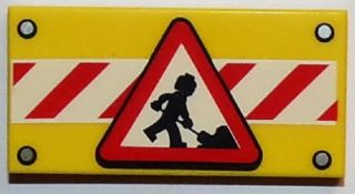 Tile 2 x 4 with Road Sign Construction Worker on Red and White Danger Stripes Pattern