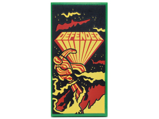 Tile 2 x 4 with Yellow and Red 'DEFENDER', Figure with Stripes, and Smoke and Fire Pattern