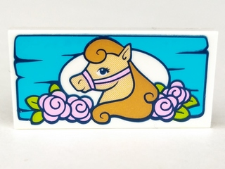 Tile 2 x 4 with Tan Horse and Pink Flowers on Medium Azure Board Pattern