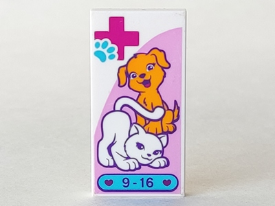 Tile 2 x 4 with Hospital Magenta Cross, Medium Azure Animal Paw, Bright Light Orange Dog, White Cat, and '9-16' Pattern