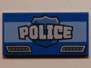 Tile 2 x 4 with White 'POLICE', Blue Shield and Dark Bluish Gray Vents Pattern