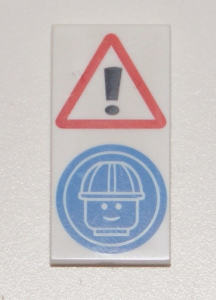 Tile 2 x 4 with Exclamation Mark in Warning Triangle and Minifigure Head with Construction Helmet Pattern