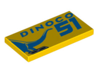 Tile 2 x 4 with Blue 'DINOCO 51' on Right and Dinosaur and Exhaust Pipes on Left Pattern