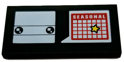 Tile 2 x 4 with White BrickHeadz Head and Word Balloon with 'SEASONAL' and Yellow Star on Red Calendar Pattern
