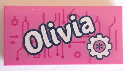 Tile 2 x 4 with 'Olivia' and Gear Pattern