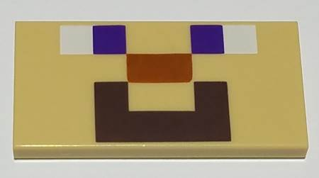 Tile 2 x 4 with White and Purple Squares, Dark Orange Rectangle, and Dark Brown Mouth Shape (Minecraft Steve Face) Pattern