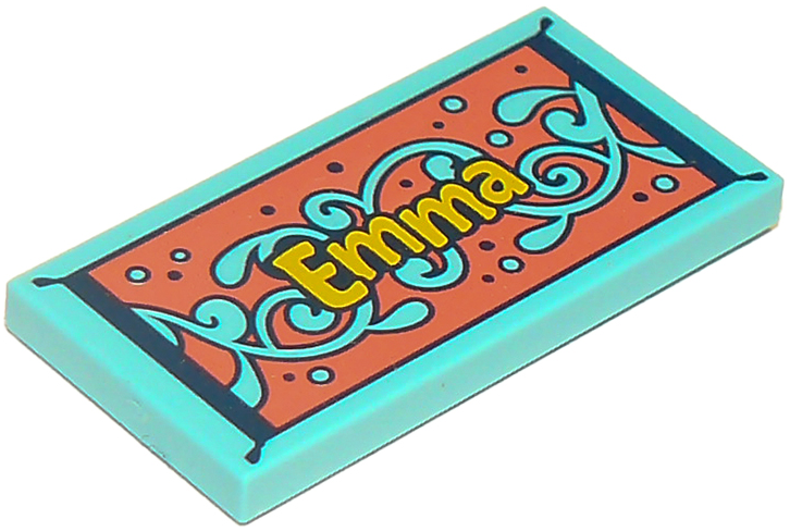 Tile 2 x 4 with 'Emma' and Medium Azure and Coral Beach Towel Pattern