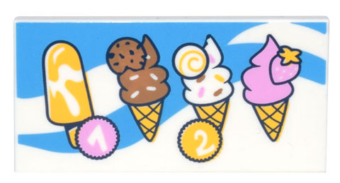 Tile 2 x 4 with Menu with Popsicle, 3 Ice Cream Cones, and Circles with Numbers 1 and 2 on Dark Azure Background with Swirls Pattern