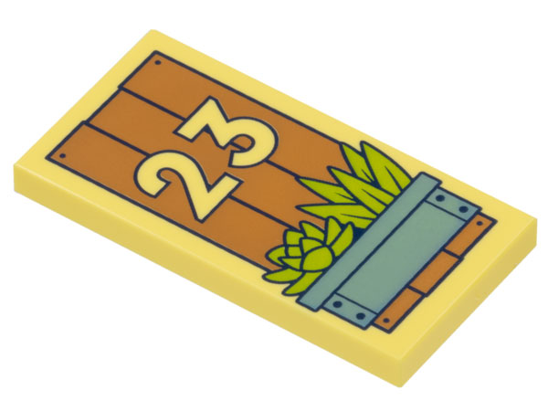 Tile 2 x 4 with Medium Nougat Boards, '23', Metallic Light Blue Planter, and Lime Plants Pattern