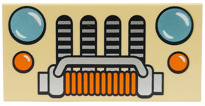 Tile 2 x 4 with Metallic Light Blue Headlights, Orange Blinkers and Rope, Silver Grille and Bumper Pattern