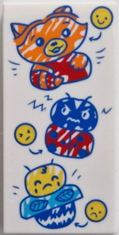 Tile 2 x 4 with Orange, Red, Blue and Yellow Drawings of Happy Fox, Angry Ladybug, Sad Bee and Smiley Faces Pattern