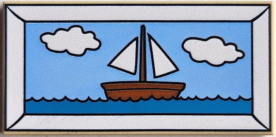 Tile 2 x 4 with Picture of Reddish Brown Sailing Ship, Dark Azure Sea and Bright Light Blue Sky with 2 White Clouds in Frame Pattern