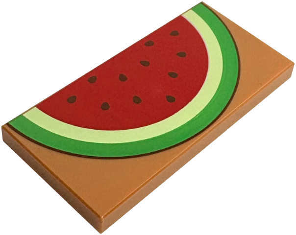 Tile 2 x 4 with Bright Green, Yellowish Green and Red Watermelon Slice with Dark Green Seeds Pattern