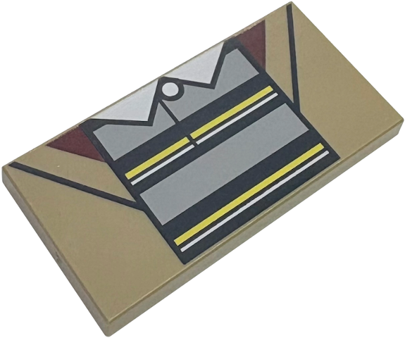 Tile 2 x 4 with Vest with Black, Yellow and Light Bluish Gray Stripes, Dark Red Triangles and White Shirt Collar Pattern (BrickHeadz Mike Torso)