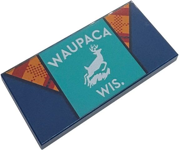 Tile 2 x 4 with Vest with Bright Light Orange and Dark Red Plaid Triangles, Dark Turquoise Square with White Deer and 'WAUPACA WIS.' Pattern (BrickHeadz Dustin Torso)