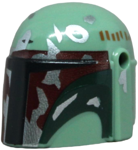 Minifigure, Headgear Helmet with Holes, SW Mandalorian with Black and Dark Red Visor, Dark Green Cheek Indents and Silver Battle Damage Pattern