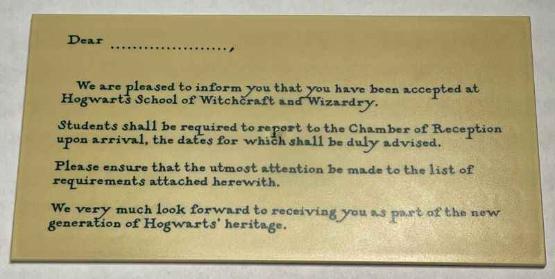 Tile 8 x 16 with Bottom Tubes, Textured Surface with 'Dear ... We are pleased to inform you that you have been accepted at Hogwarts...' Acceptance Letter Pattern