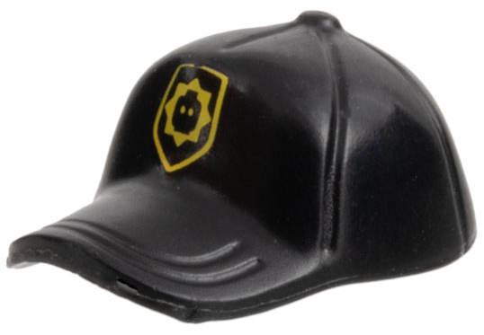Minifigure, Headgear Cap - Short Curved Bill with Seams and Button on Top with Yellow Badge with Minifigure Head Silhouette Pattern
