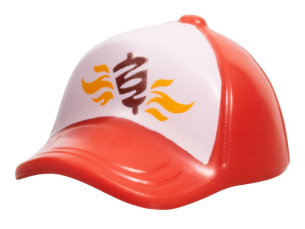 Minifigure, Headgear Cap - Short Curved Bill with Seams and Button on Top with Bright Light Orange Flames and Dark Red Kebab on White Background Pattern