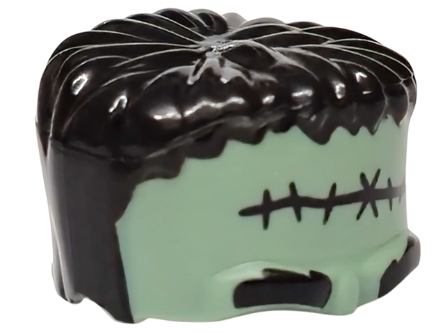 Minifigure, Headgear Head Top, Frankenstein Monster with Black Hair, Bushy Eyebrows and Small Stitches Pattern