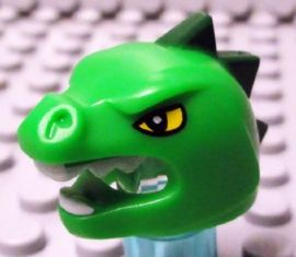 Minifigure, Headgear Head Cover, Costume Lizard with Yellow Eyes, White Teeth, and Dark Green Horns Pattern