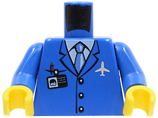 Torso Airplane Crew Male, Light Blue Tie, Red Pen, Silver Plane Logo, ID Badge, 3 Buttons Pattern / Blue Arms / Yellow Hands