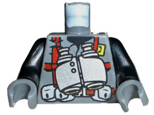 Torso Dino Vest with Red Harness and Silver Binoculars Pattern / Black Arms / Dark Bluish Gray Hands