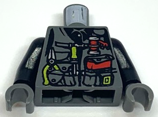 Torso Dino Vest with Lime Handle Tools and Red Pocket Book Pattern / Black Arms / Dark Bluish Gray Hands