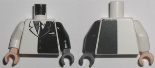 Torso Batman Suit with Black Half Panel, Tie Pattern / Black Arm Left / White Arm Right / Dark Bluish Gray Hand Left / Light Nougat Hand Right